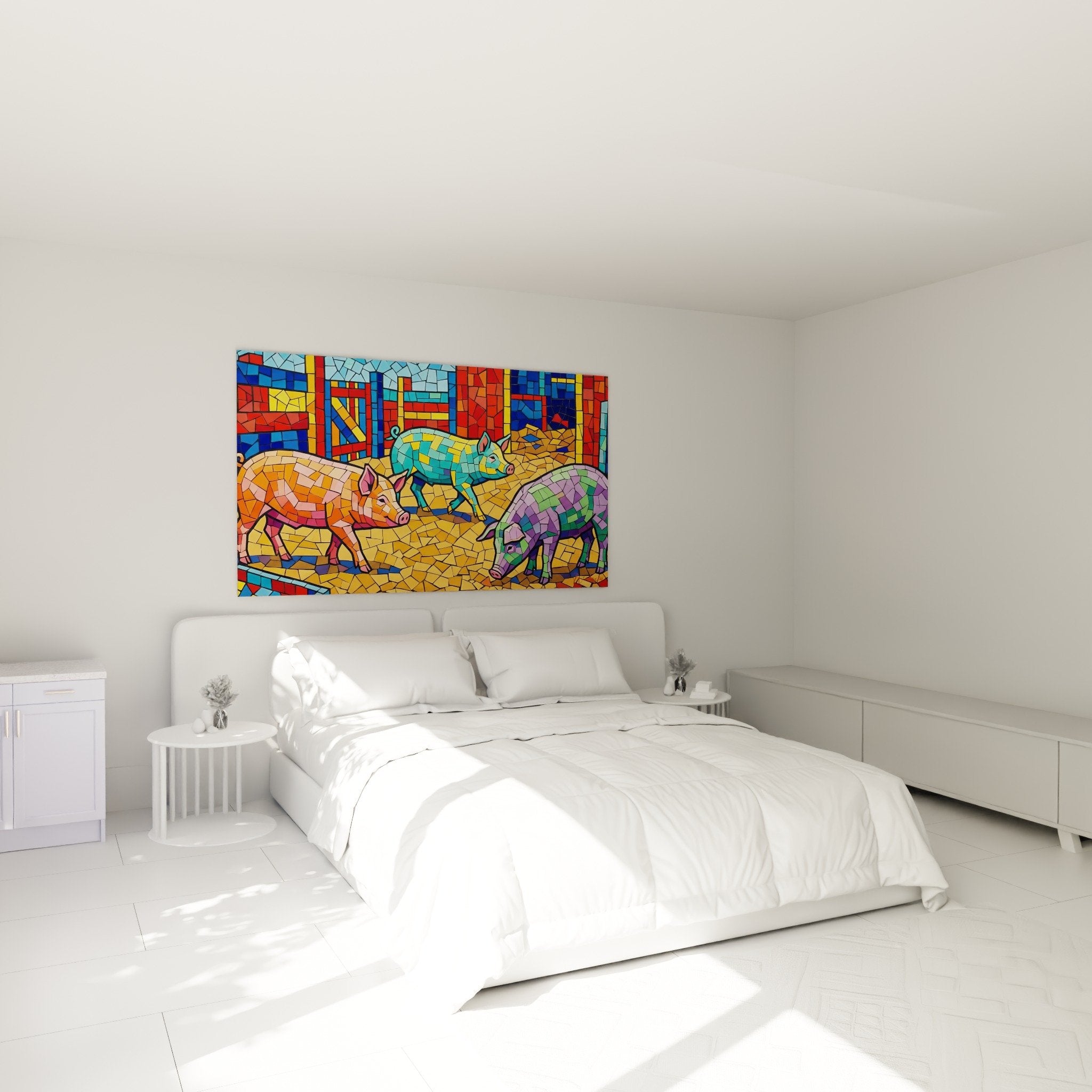 Schweine-Mosaikbild mehrfarbig im modernen Schlafzimmer an weißer Wand zeitgenössische Wanddekoration