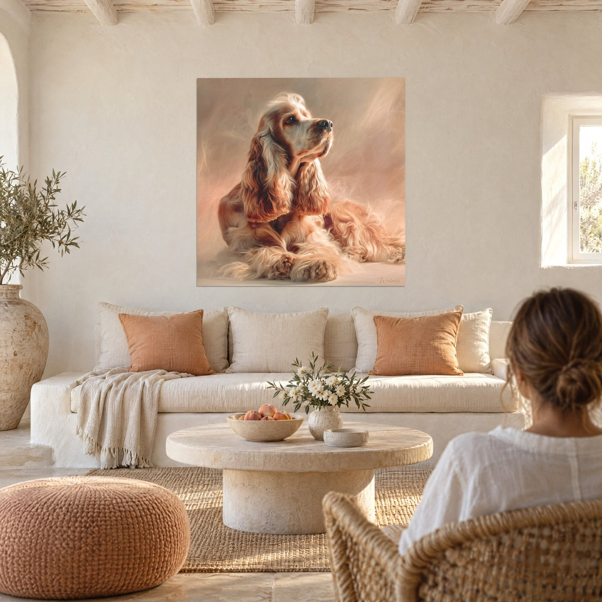 Quadro cocker spaniel con orecchie lunghe e ricciute, manto rosso e crema, sguardo rivolto verso l'alto, sopra un divano in un soggiorno luminoso