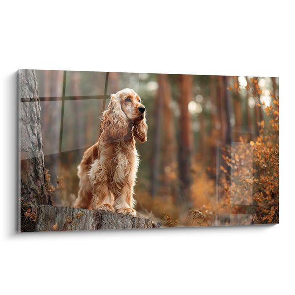 Cuadro de Cocker Spaniel Rojo Sentado en Tronco en Bosque Otoñal - Mirada Contemplativa - Edición Cocker Americano
