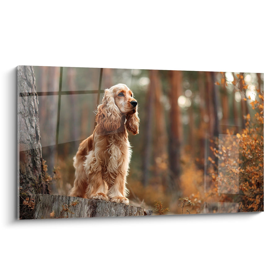 Tableau Cocker Spaniel Roux Assis sur Tronc en Forêt Automnale - Regard Contemplatif - Edition Cocker Americain