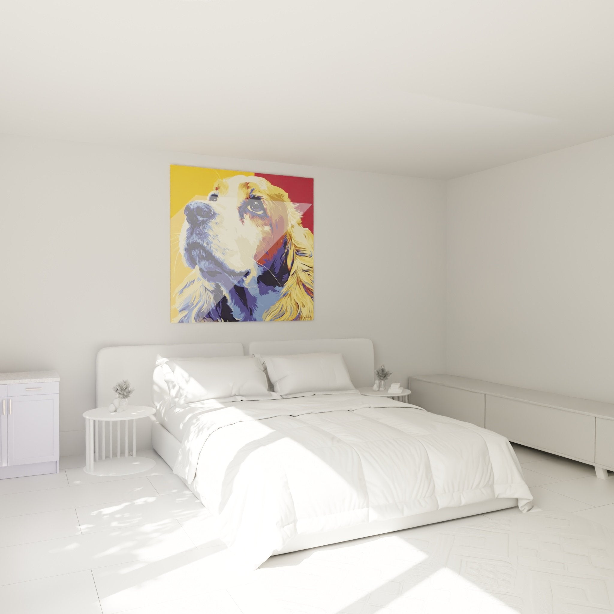 Tableau Cocker expressionniste dans chambre moderne aux murs clairs et mobilier contemporain