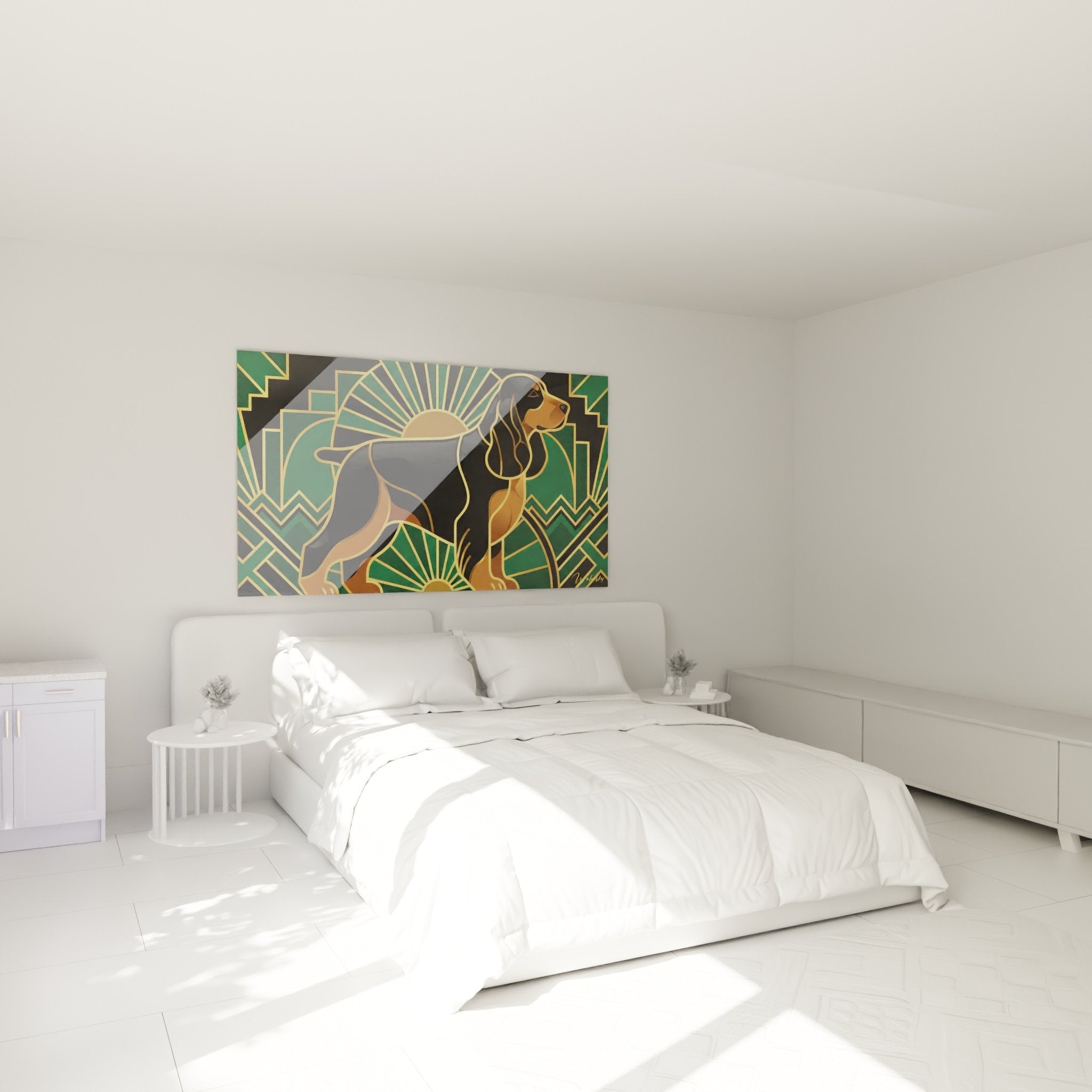 Tableau Cocker Anglais Art Déco motifs dorés verts dans chambre décoration murale élégante moderne