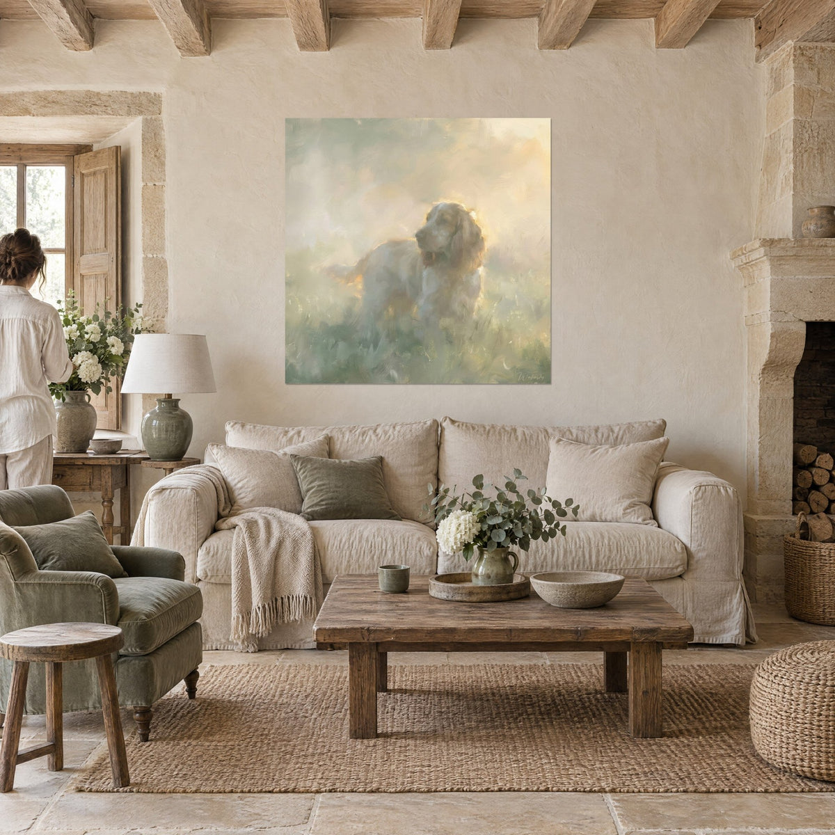Tableau cocker anglais doré dans la brume, pelage crème et ocre, personne de dos, au-dessus d'un canapé dans un salon lumineux