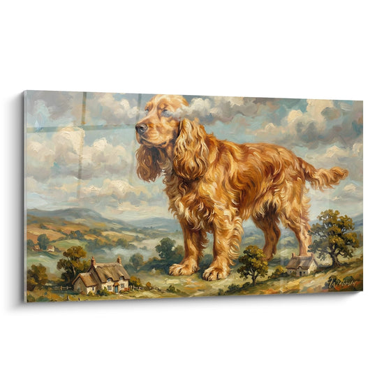 Quadro Cocker Spaniel dorato in paesaggio di campagna inglese con cottage e colline in stile pittorico