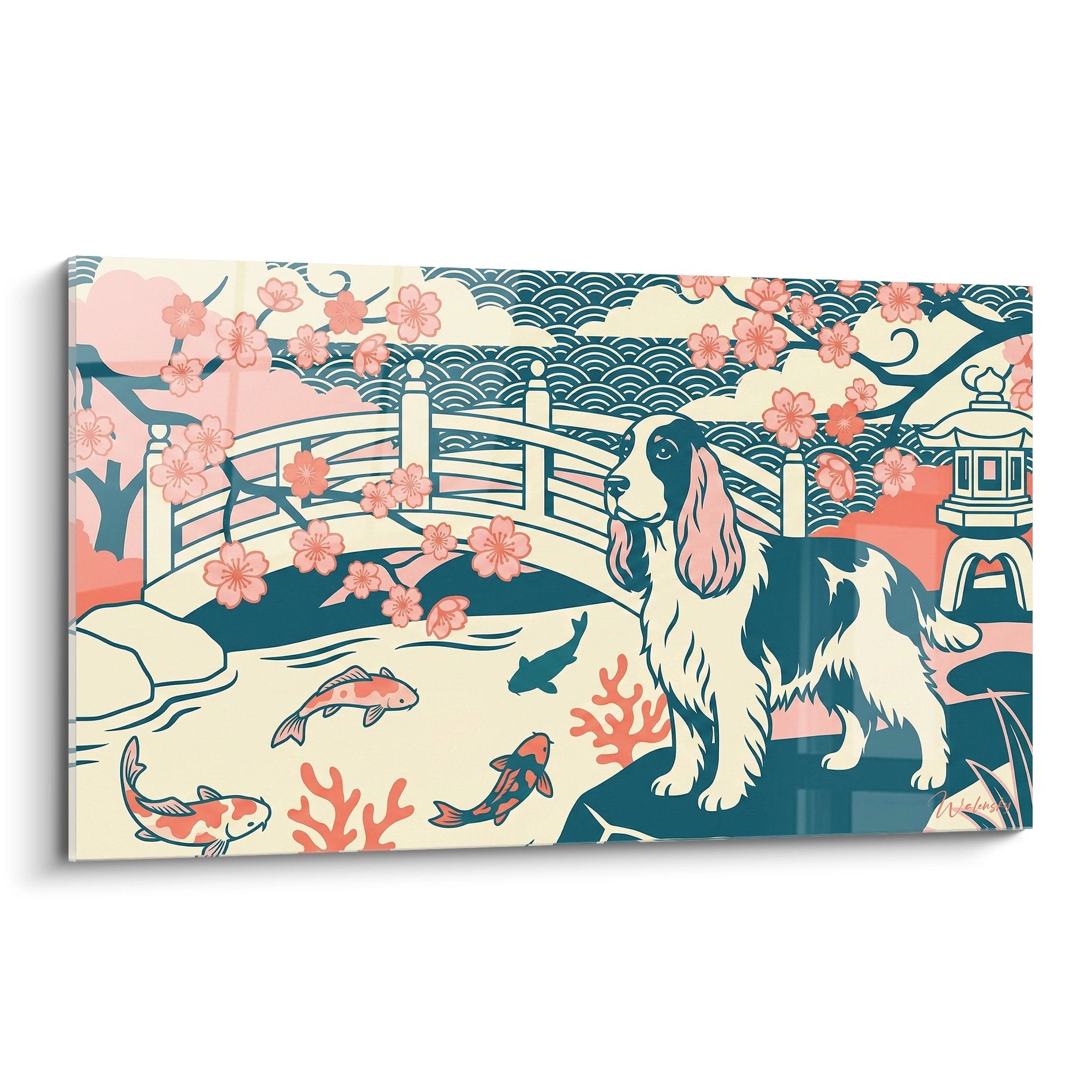 Cocker Anglais dans jardin japonais rose et bleu avec cerisiers fleurs carpes koi pont traditionnel