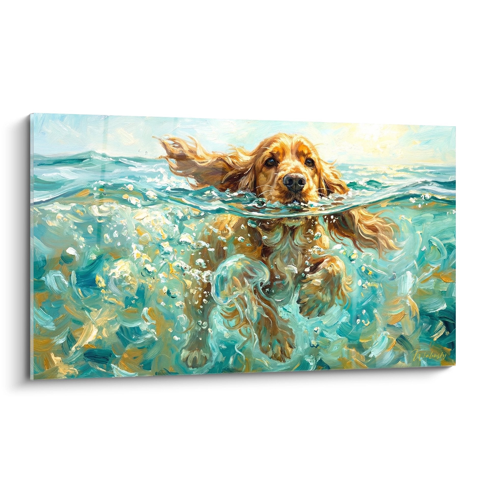 Tableau artistique Cocker Anglais nageant dans eau turquoise avec reflets dorés et bulles - edition canine