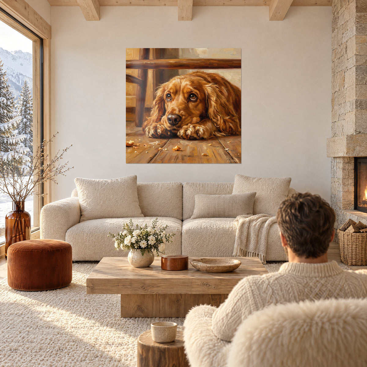Tableau cocker anglais roux couché, regard tendre, pelage ambre et bois brun, au-dessus d'un canapé dans un salon lumineux