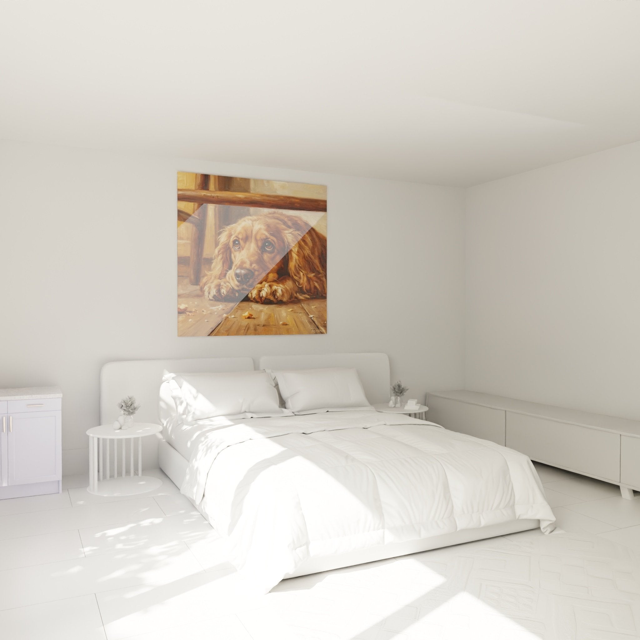 Tableau Cocker doré dans chambre parentale ambiance chaleureuse décoration murale apaisante