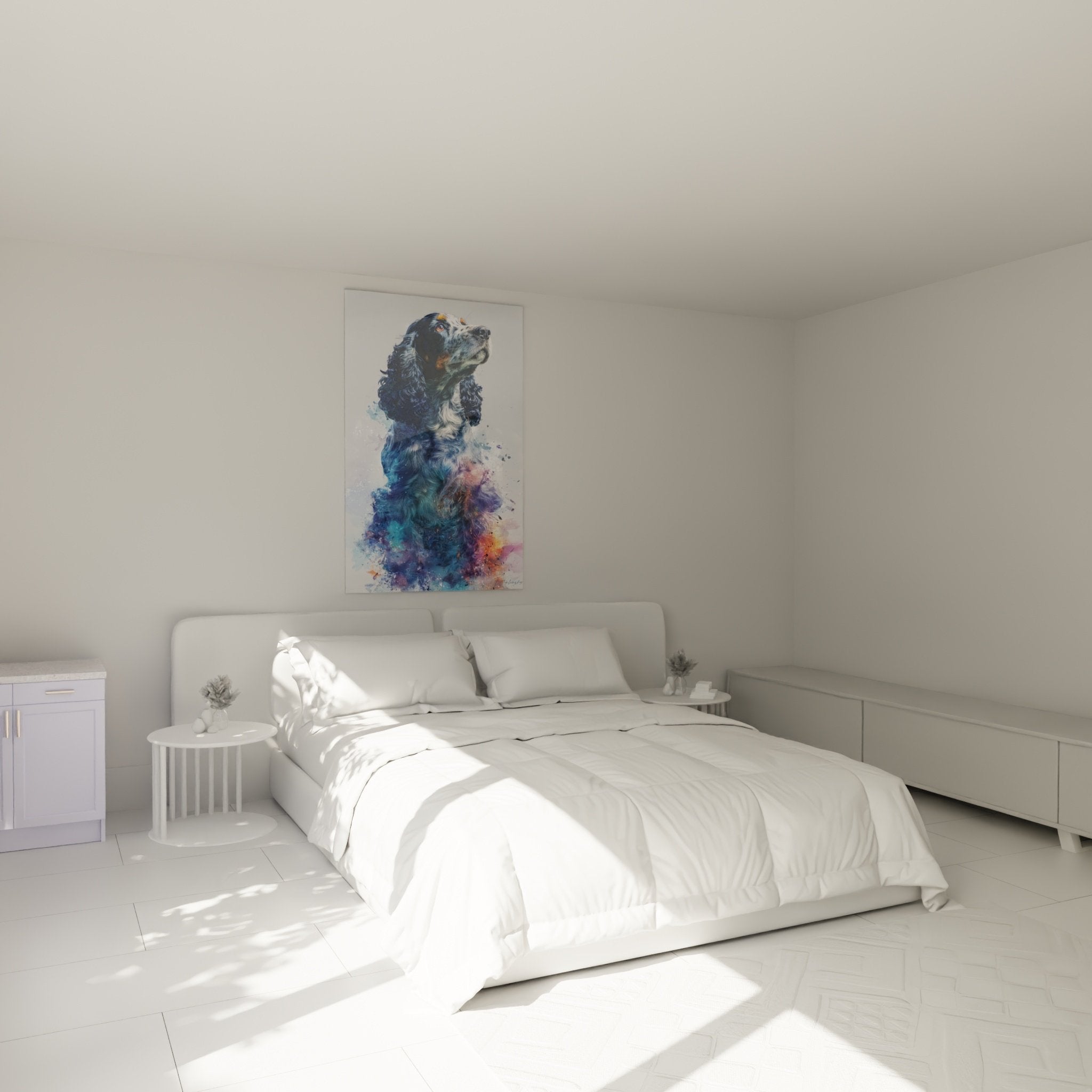 Tableau Cocker Spaniel Américain aquarelle colorée dans chambre moderne mur blanc décoration murale artistique