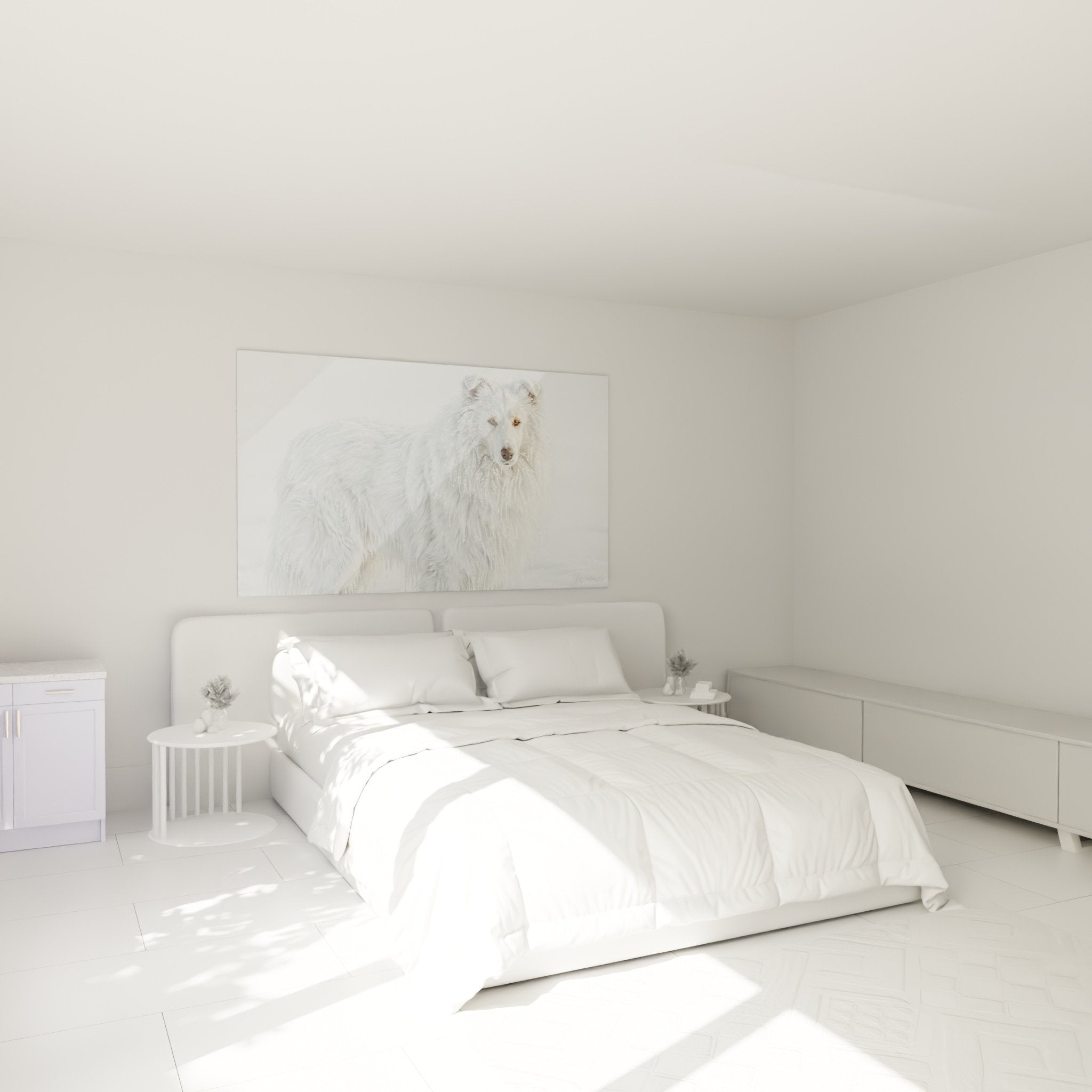 Tableau Collie blanc hivernal accroché au mur d'une chambre moderne, décoration murale apaisante