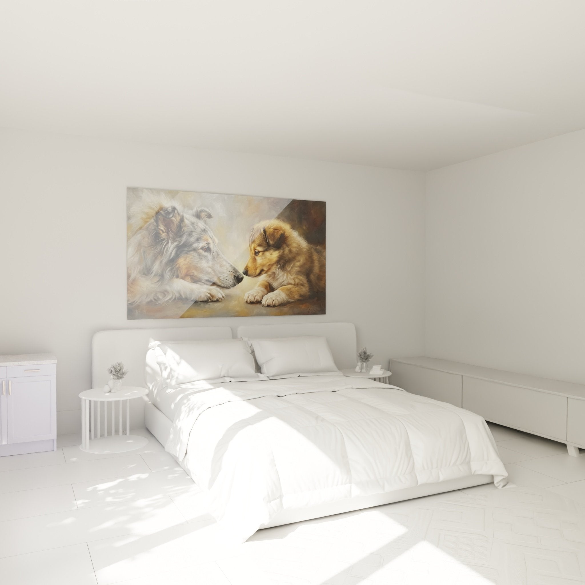 tableau collie famille dans chambre decoration murale chaleureuse art canin ambiance cocooning tons dores