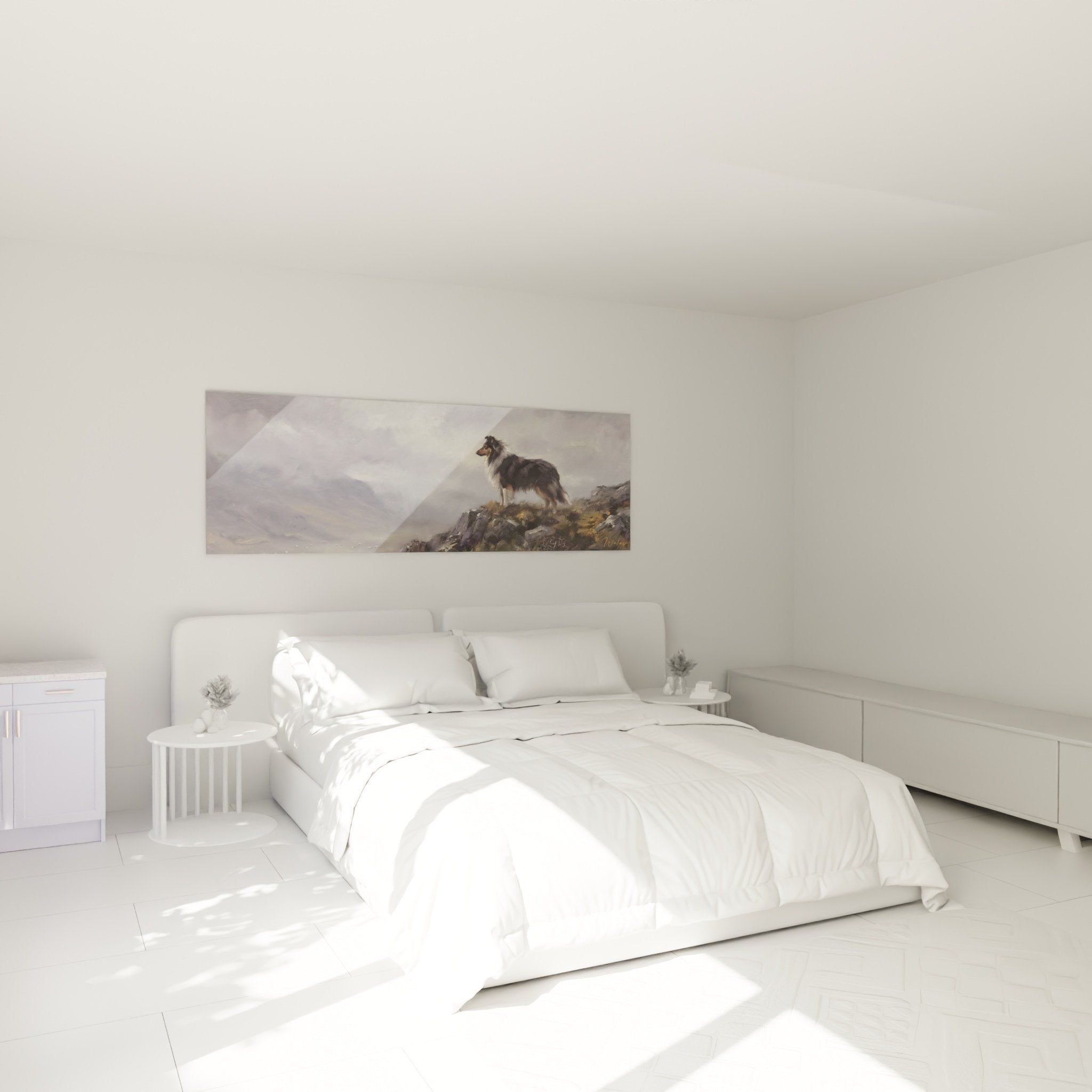 Collie tricolore tableau panoramique au-dessus lit chambre moderne decoration murale chien berger montagne