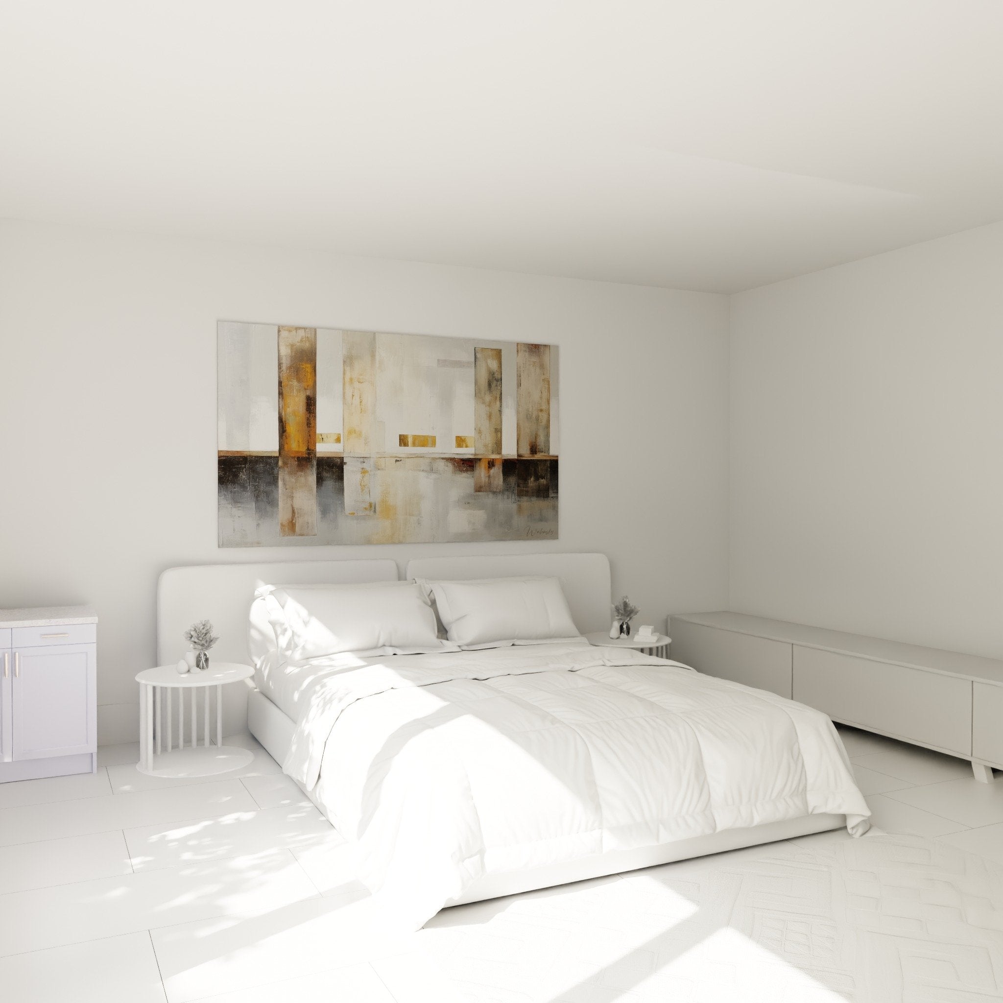 Abstrakte Komposition in Ocker- und Grautönen Schlafzimmer Wanddekoration zeitgenössisch Feng Shui Metall