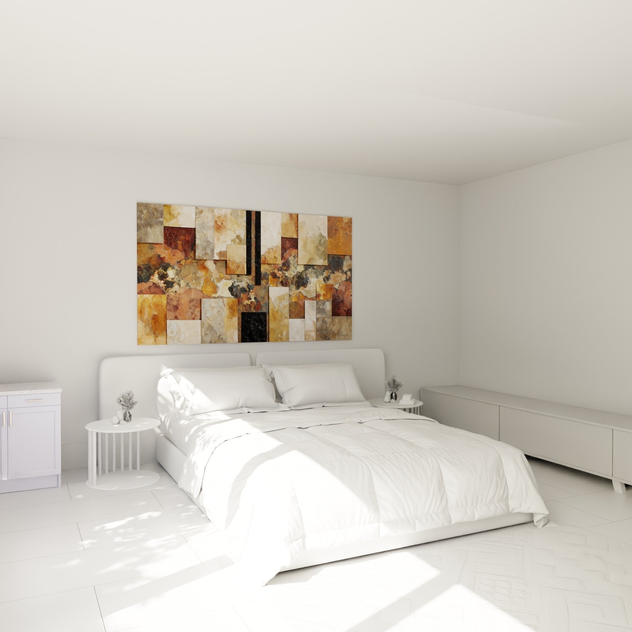 Abstract wall composition natural tones ochre beige bedroom decoration feng shui earth center