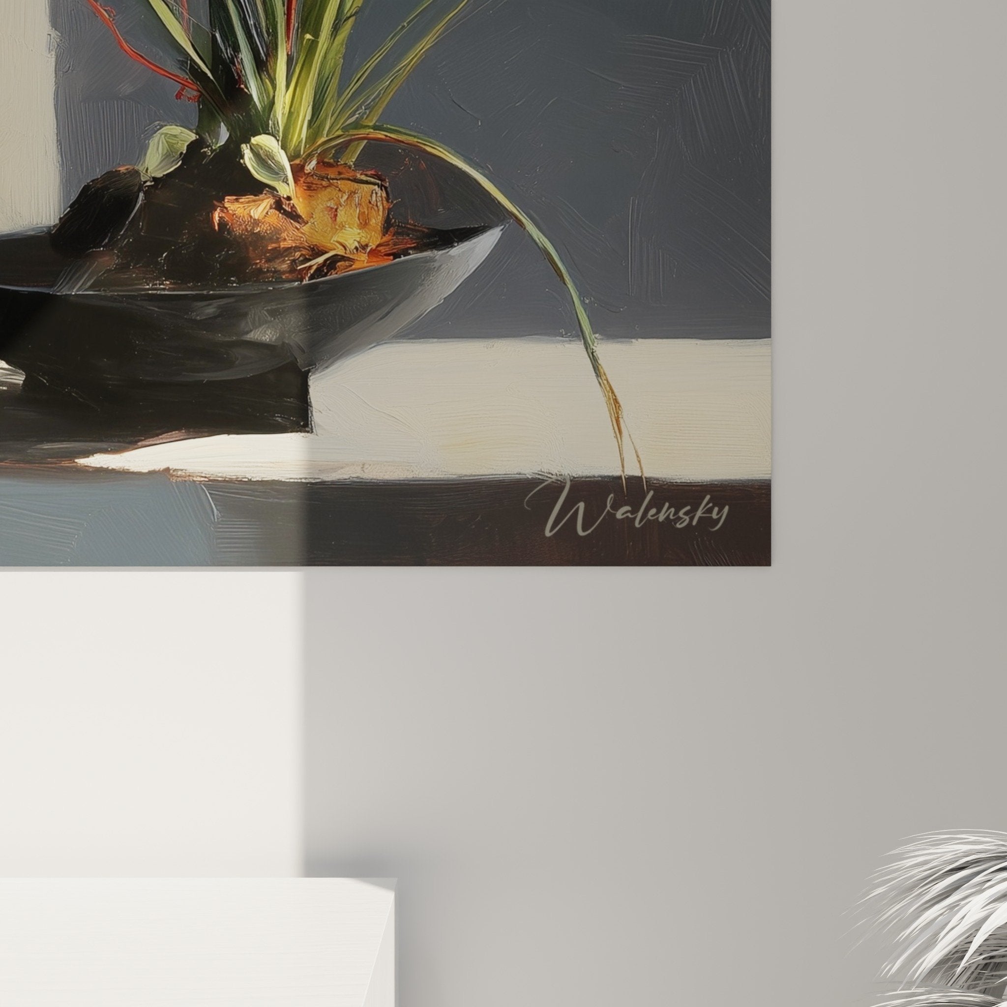 Overview composition Red orchid Ikebana, dramatic beige charcoal contrast, contemporary floral art