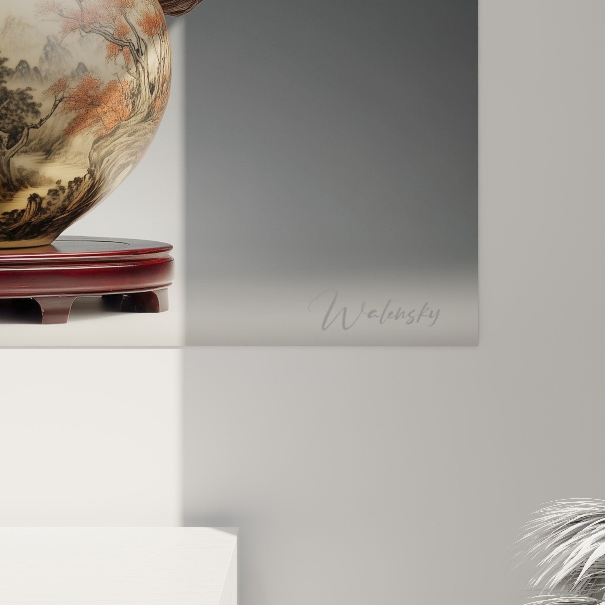 Overview of ikebana arrangement with golden vase, white peonies, and carved wood on burgundy lacquered tray