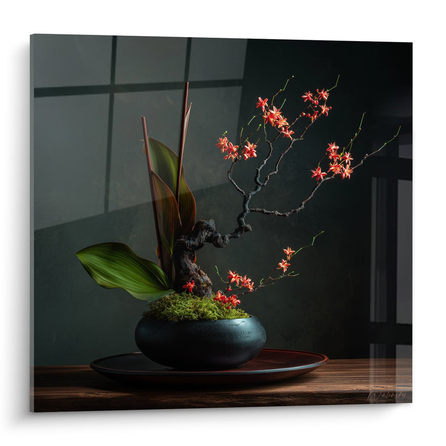 Tableau composition florale vase noir avec orchidées rouge corail et mousse verte - Harmonie Zen - Edition Ikebana