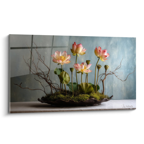 Wall Art Pink Lotus Composition on Moss with Sculptured Branches - Natural Harmony - Ikebana Edition