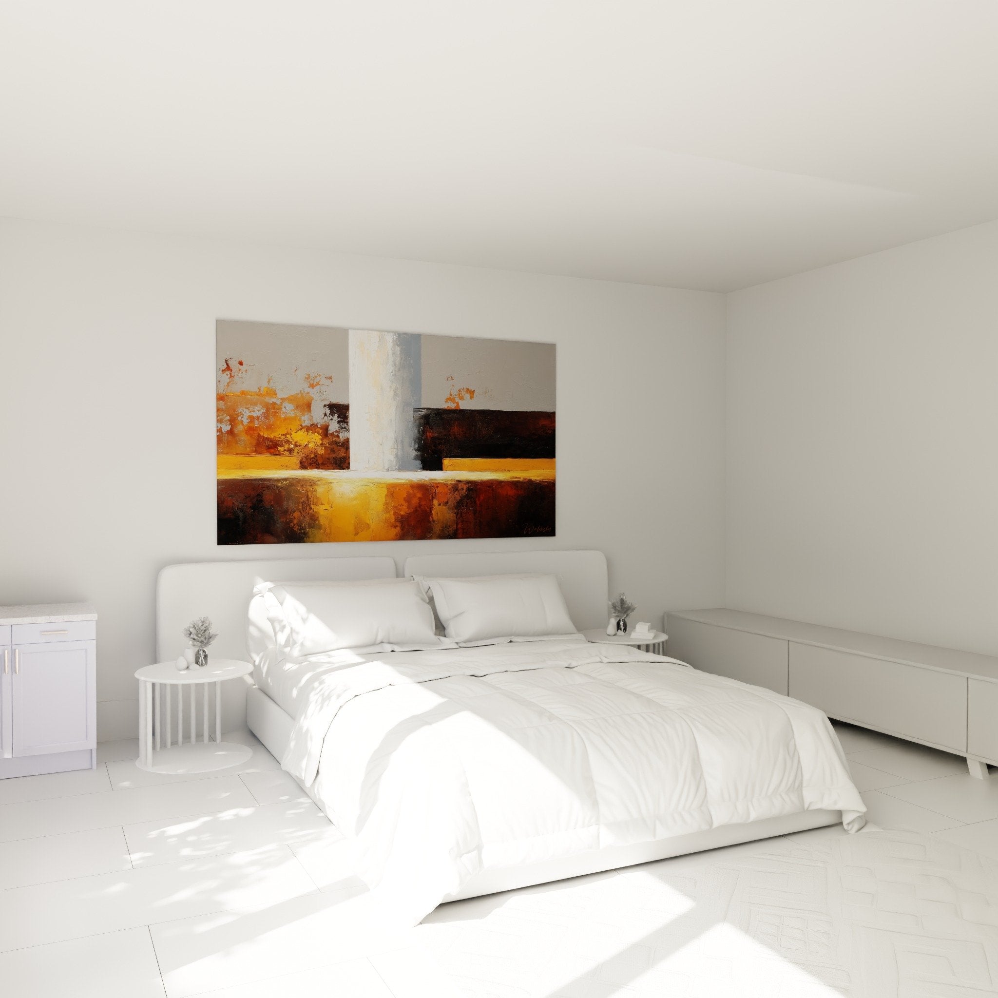 Abstrakte orange- und terrakottafarbene Komposition in modernem Schlafzimmer mit natürlichen Holzmöbeln