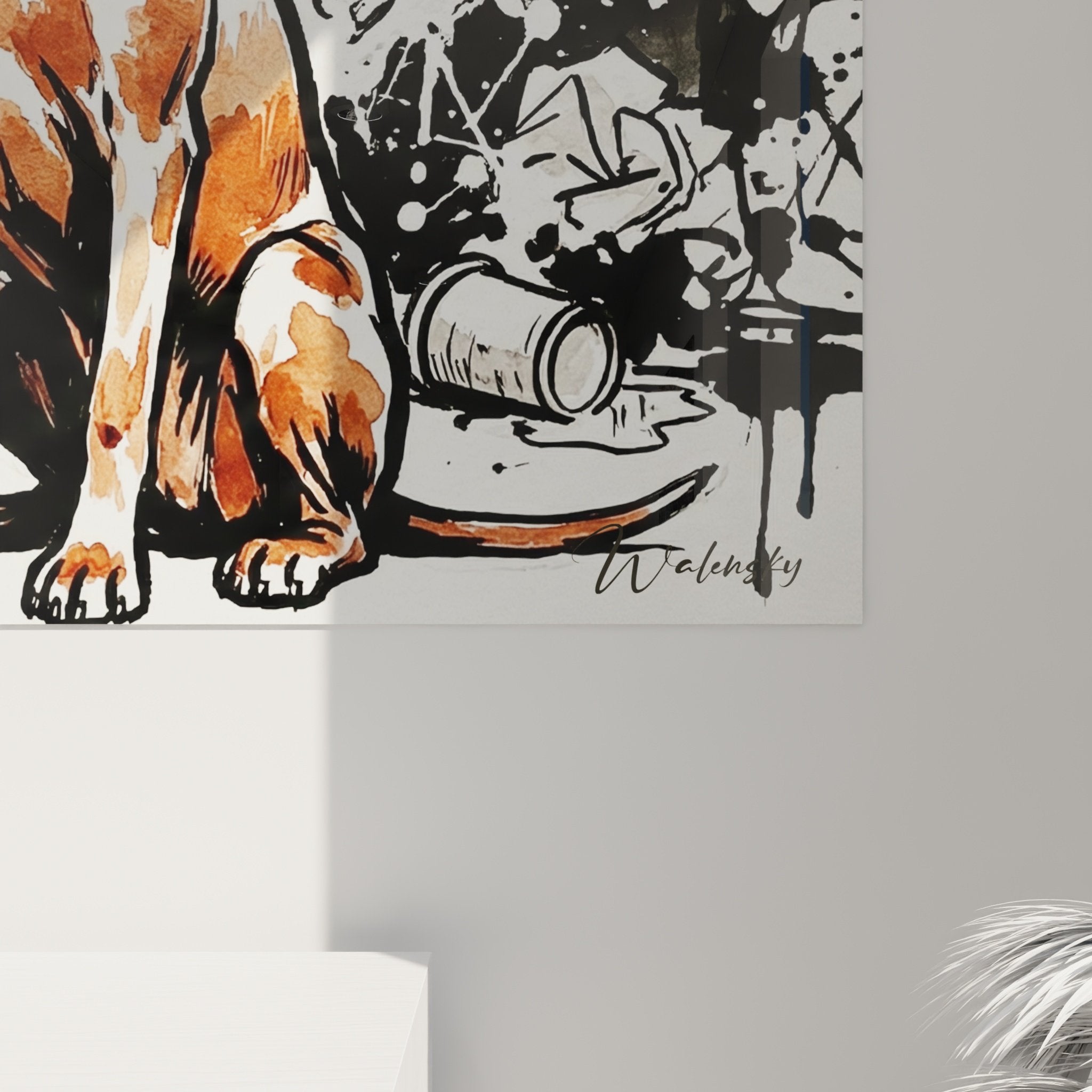 Vue ensemble tableau Vizsla composition artistique chien roux eclaboussures noires fond blanc decoration murale