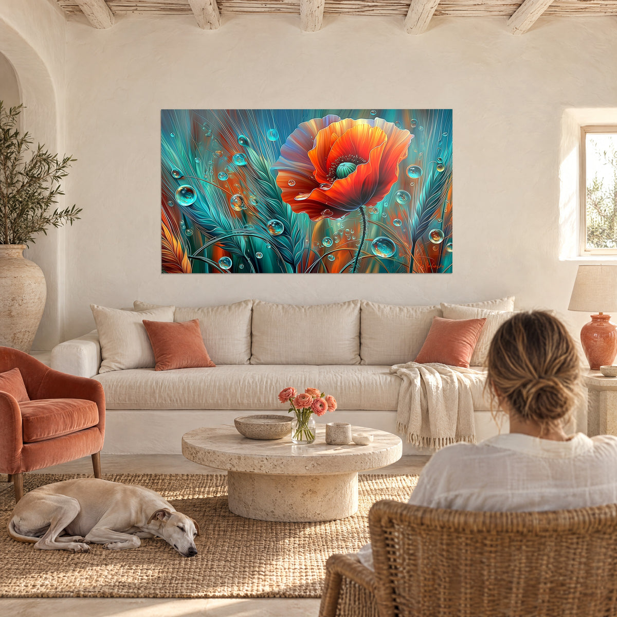 Tableau coquelicot orange éclatant, gouttes d'eau et feuillage turquoise, au-dessus d'un canapé dans un salon lumineux