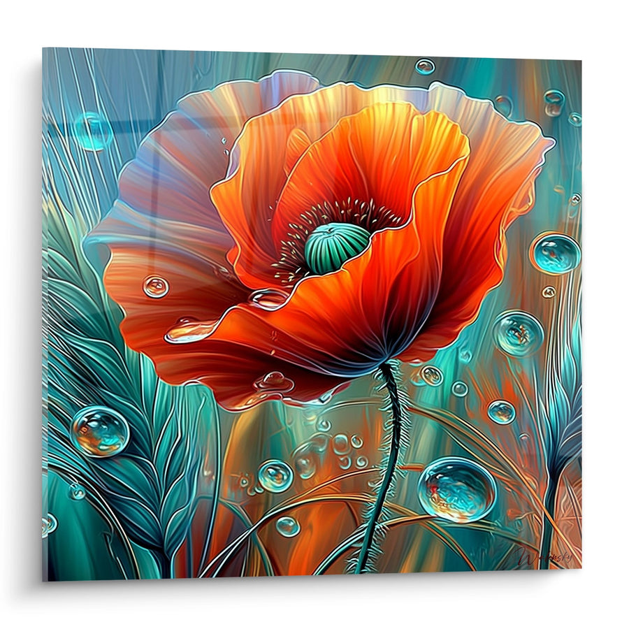 Tableau Coquelicot Artistique Orange et Turquoise avec Gouttes d'Eau - Fusion Aquatique - Edition Coquelicot