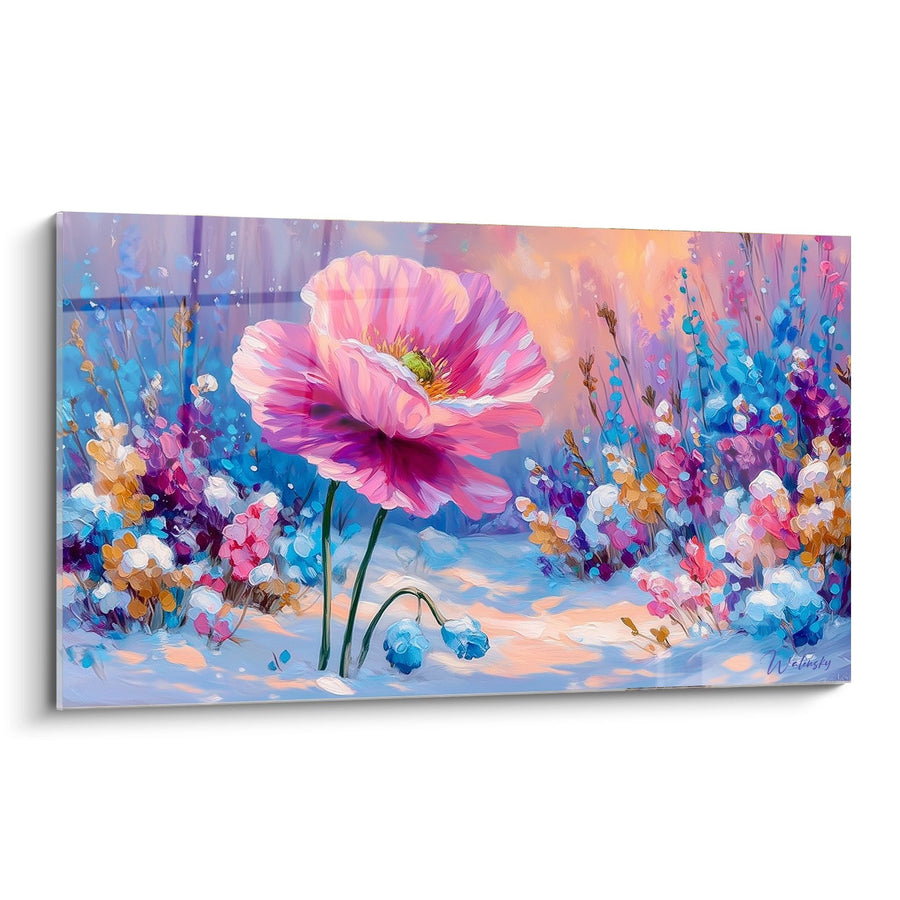 Tableau Coquelicot Rose Éclatant sur Neige Chatoyante - Floraison Hivernale - Edition Coquelicot