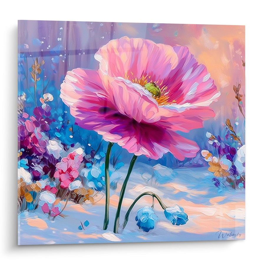 Tableau coquelicot rose et violet aux pétales soyeux sur fond neigeux - Floraison Hivernale - Edition Coquelicot