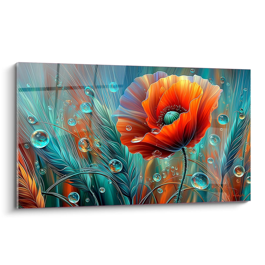Tableau Coquelicot Rouge Vibrant avec Gouttes d'Eau et Feuillage Turquoise - Éclat Aquatique - Edition Coquelicot