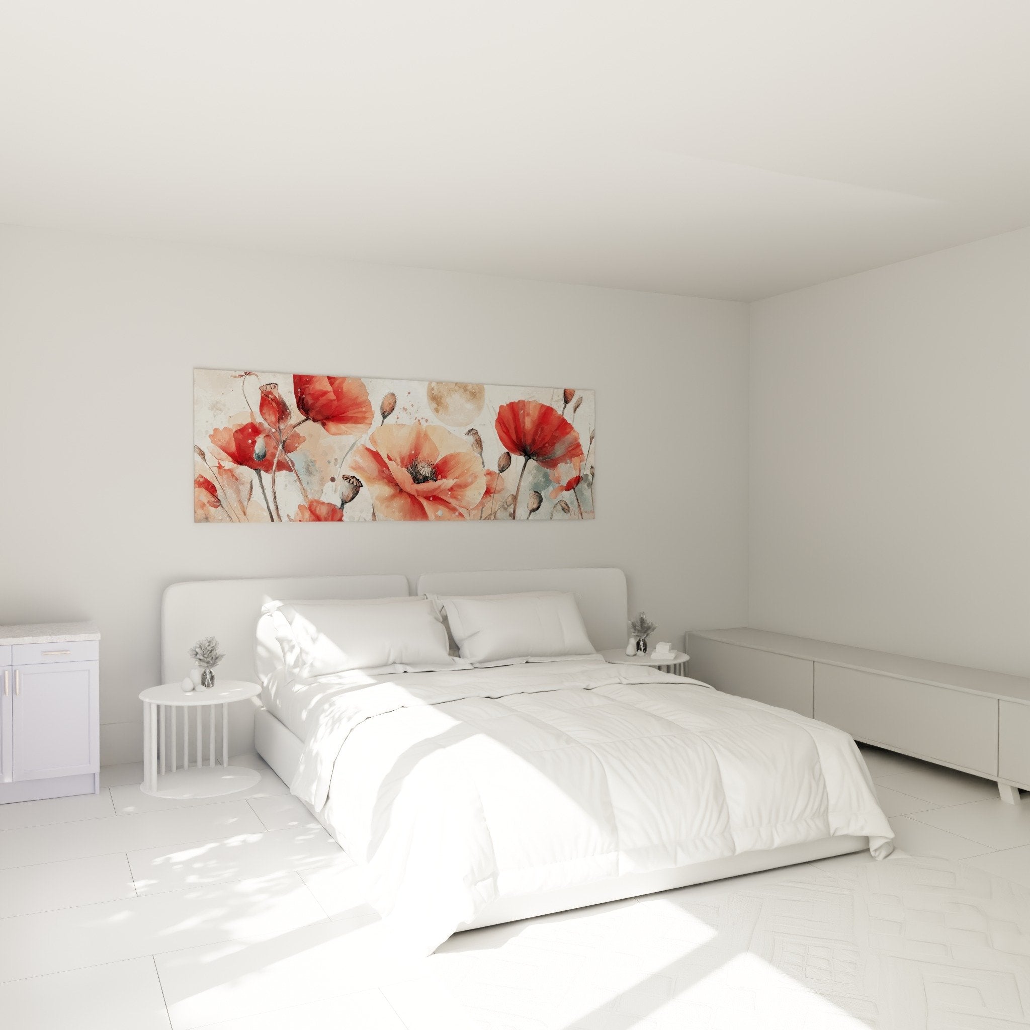 tableau coquelicots aquarelle rouge corail accroche au mur chambre parentale decoration murale florale