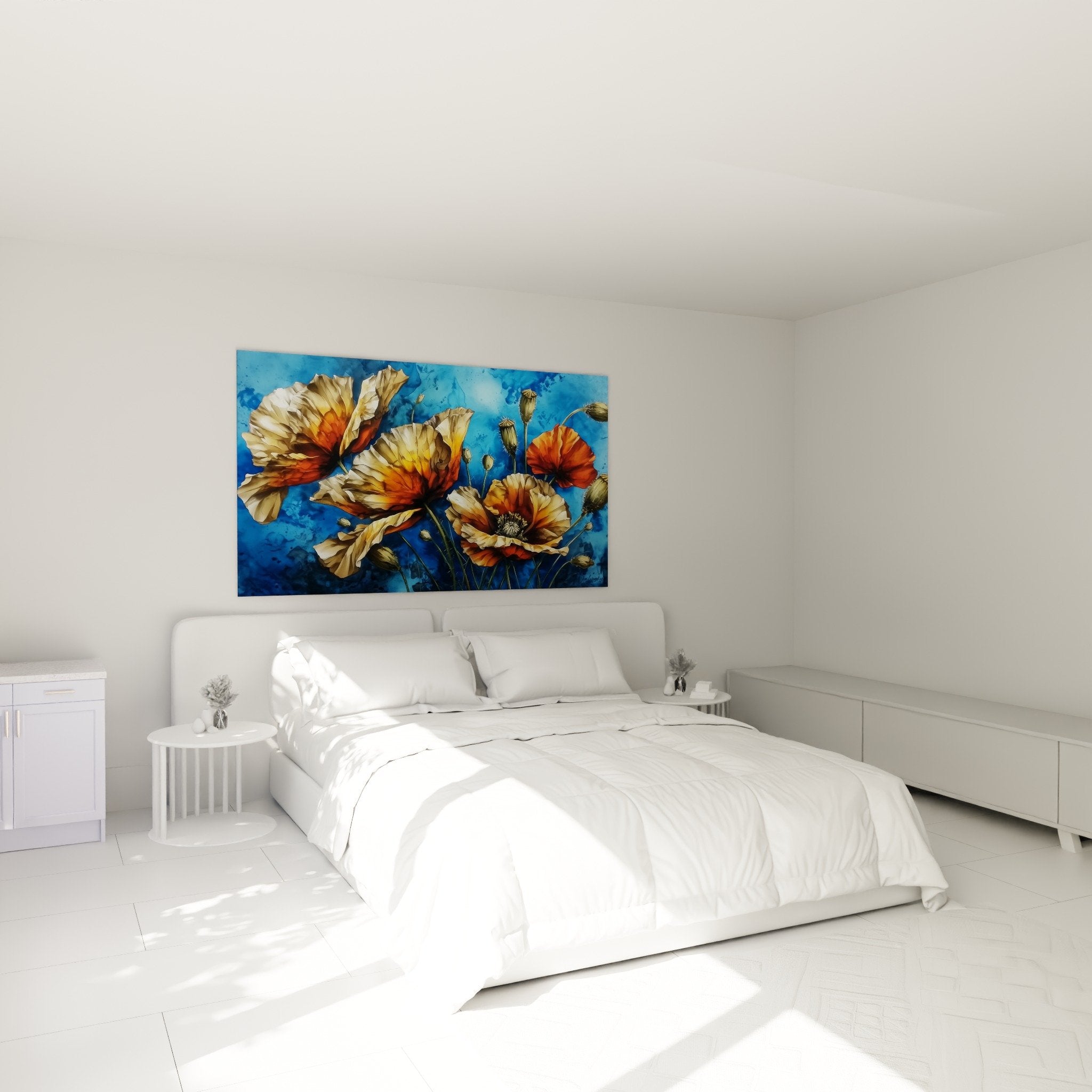 tableau fleurs coquelicots chambre decoration murale orange bleu ambiance chaleureuse
