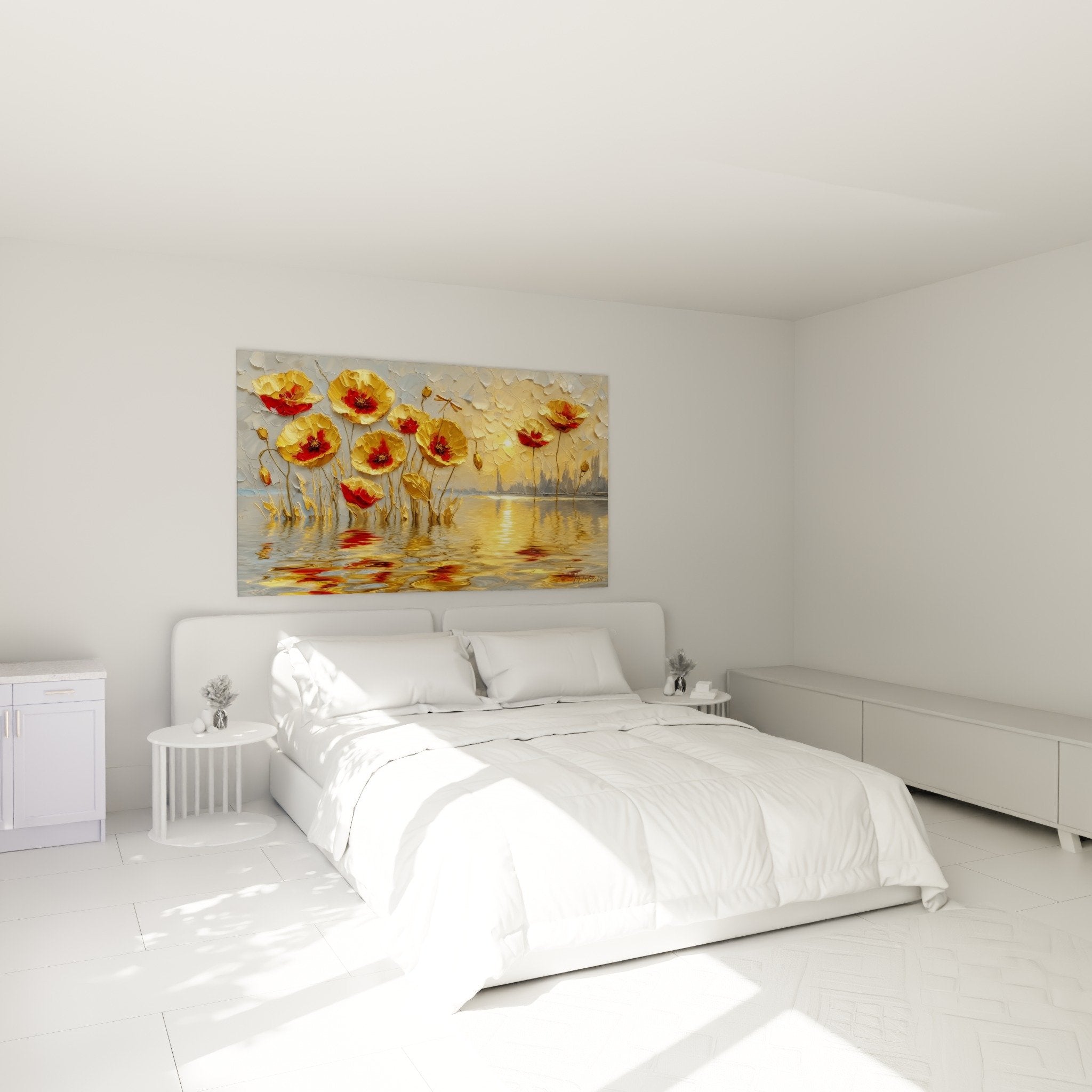 Golden floral poppy wall art installed in modern bedroom with contemporary décor