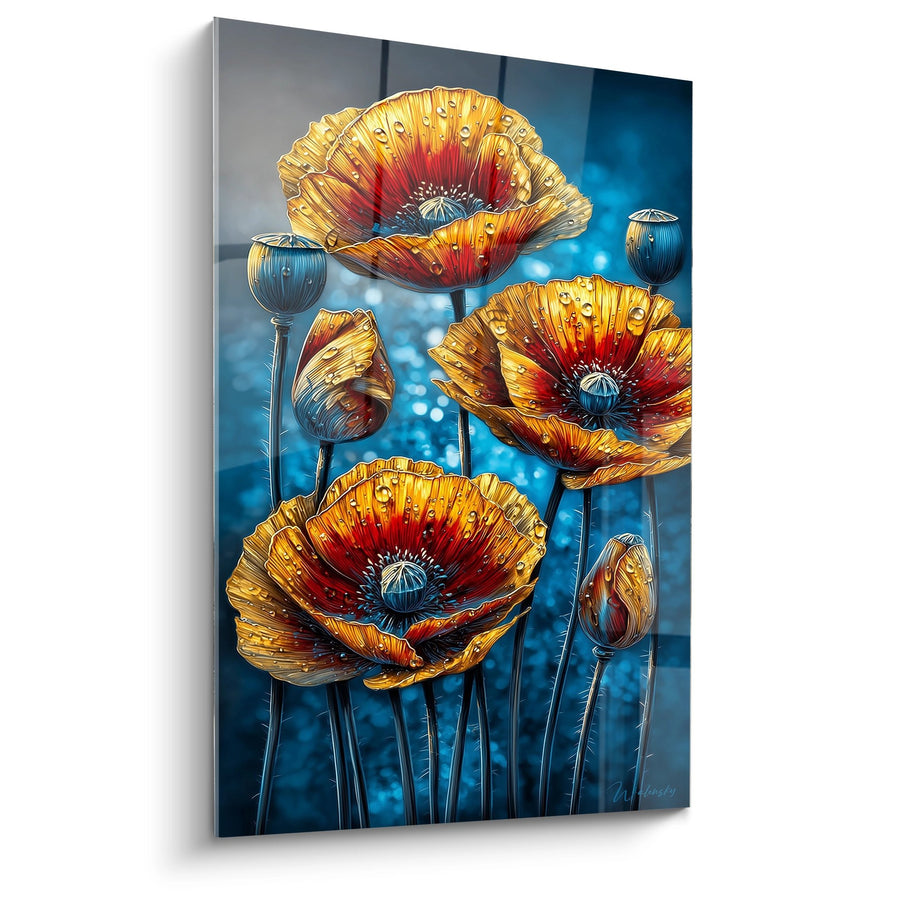 Tableau Coquelicots Dorés aux Reflets Cuivrés avec Gouttes de Rosée sur Ciel Azur - Splendeur Matinale - Edition Coquelicot