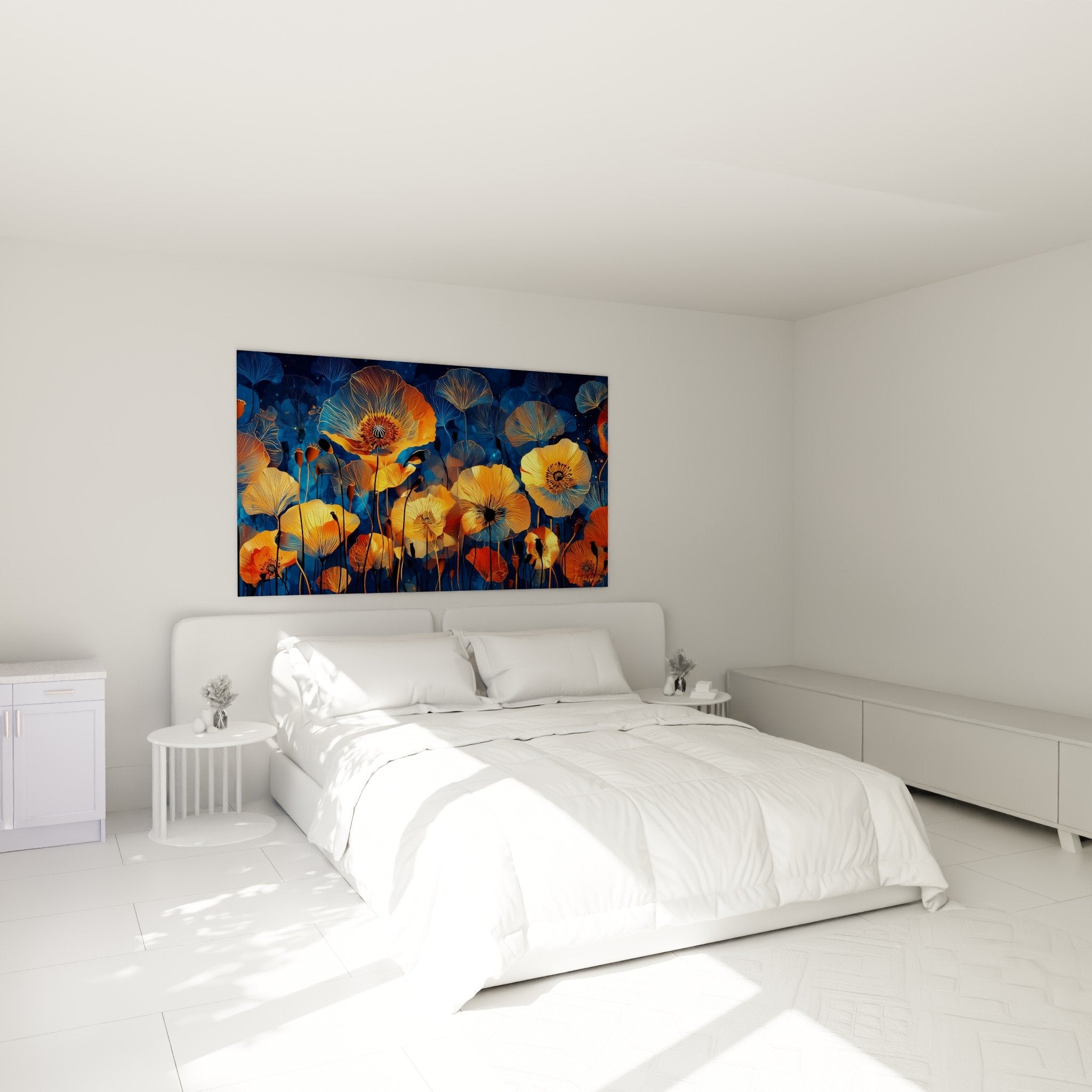 Orange and blue floral canvas in modern bedroom, luminous poppies elegant wall decoration