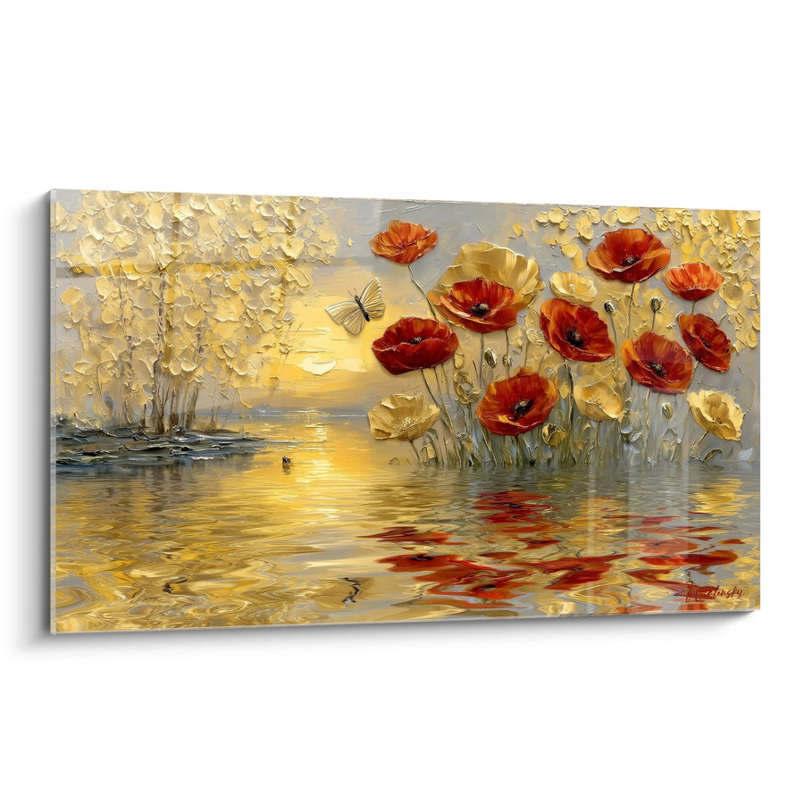 Tableau Coquelicots Oranges et Dorés au Bord de l'Eau avec Papillon - Reflets Dorés - Edition Coquelicot