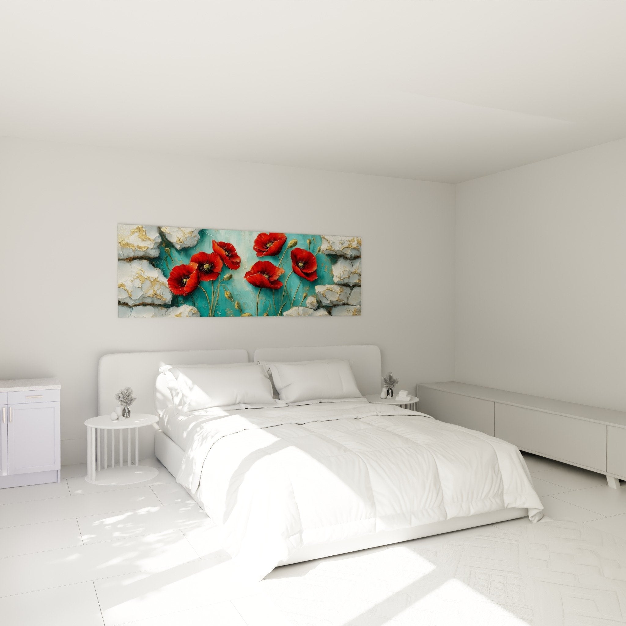 Red turquoise flowers wall art hanging in modern bedroom, contemporary floral wall decoration
