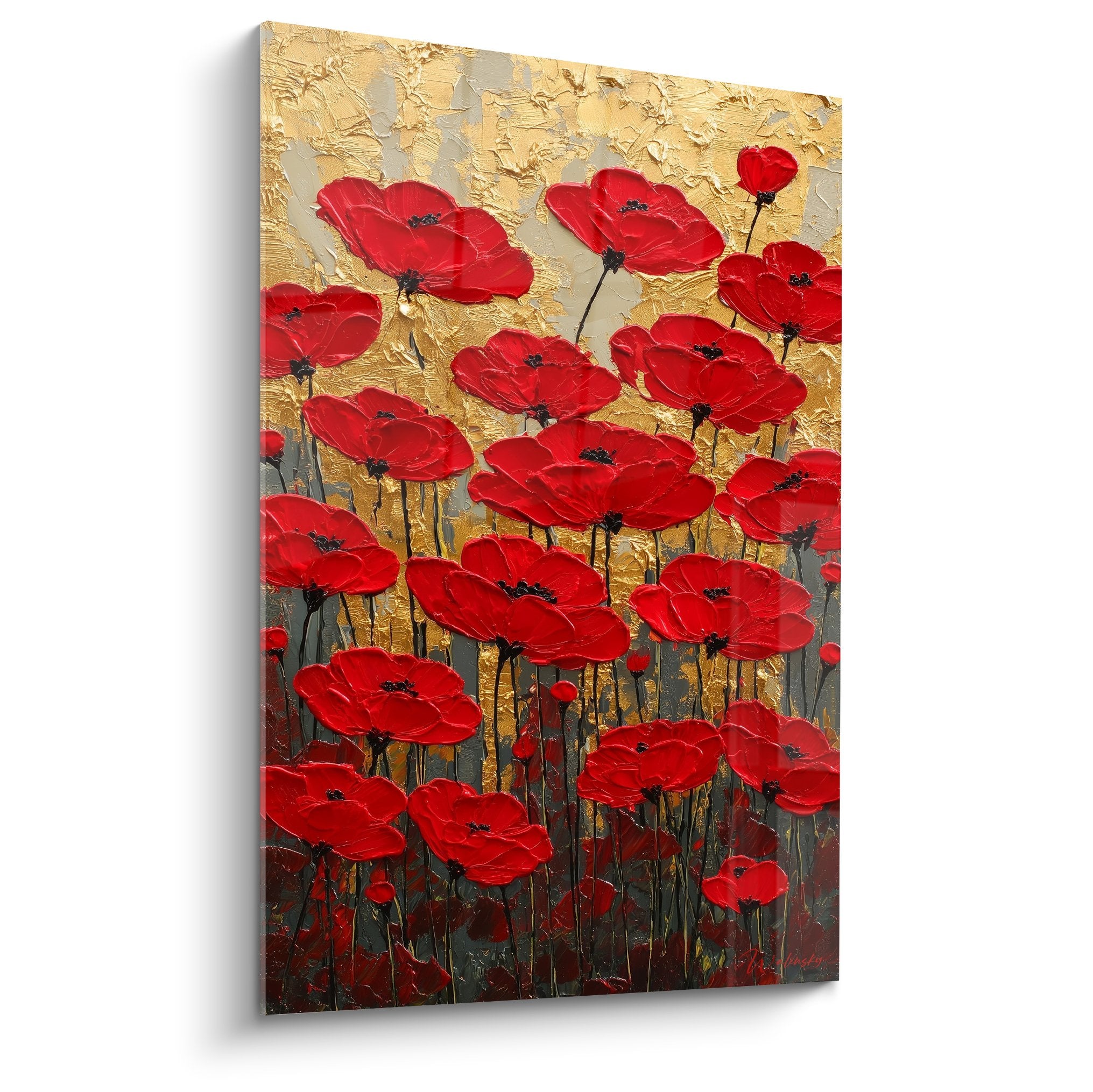 Gemälde rote Mohnblumen auf goldenem Hintergrund Relieftextur florale Malerei Feng Shui Süden Feuer