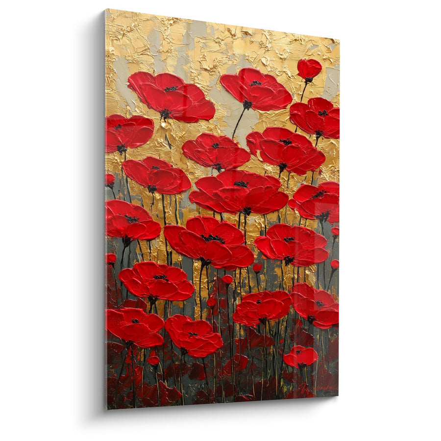 Tableau Coquelicots Rouges sur Fond Doré Texturé - Jardin de Flammes - Edition Feng shui Sud Feu