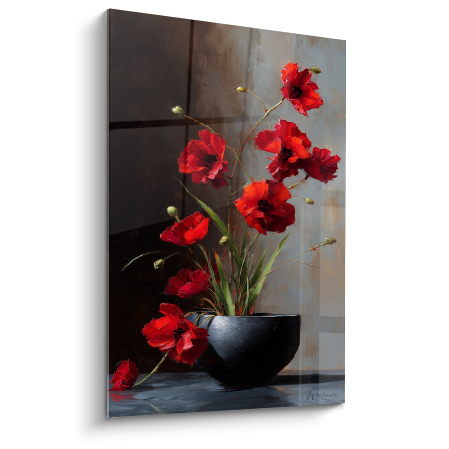 Tableau Coquelicots Rouges dans Vase Noir sur Fond Nuancé - Élégance Florale - Edition Ikebana