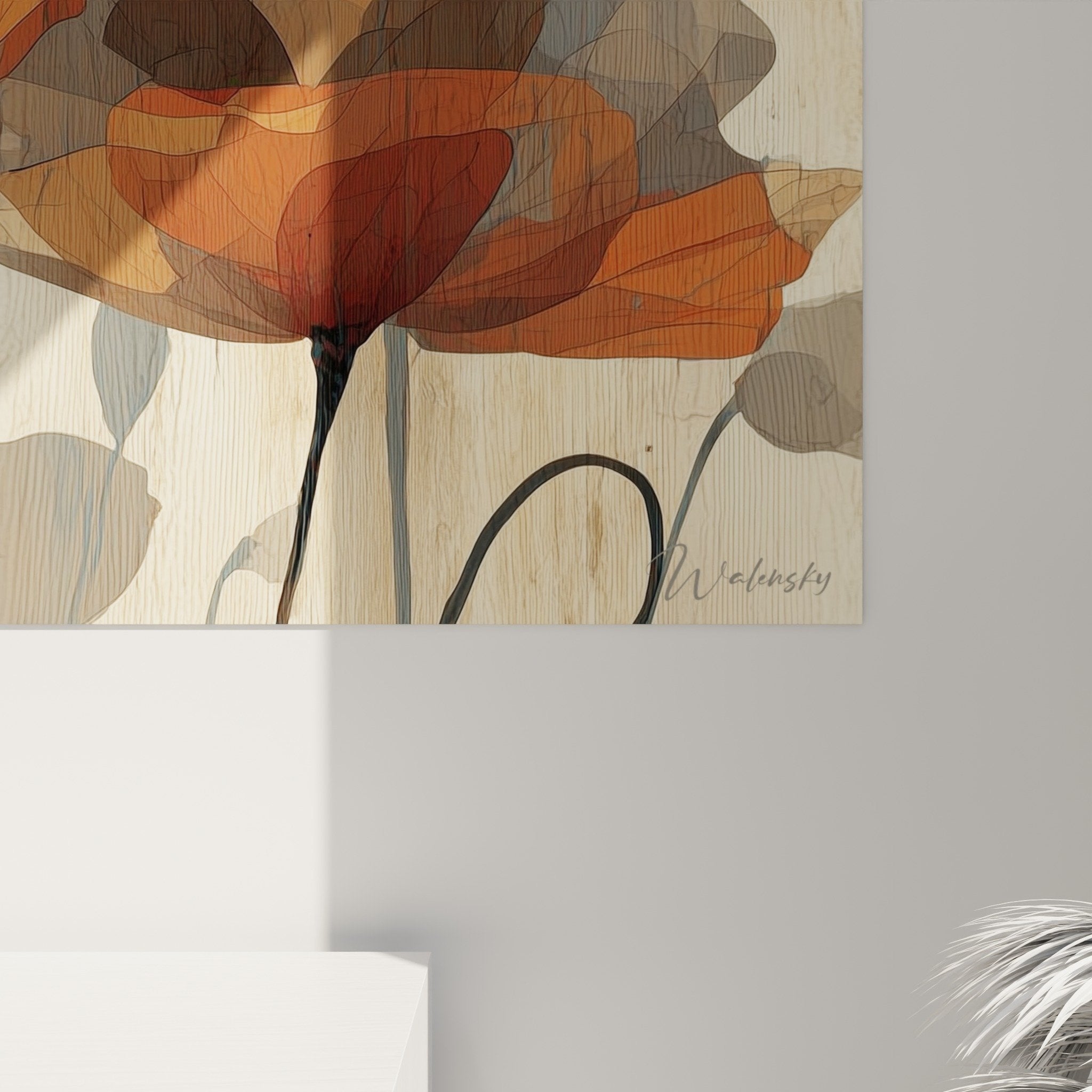 tableau coquelicots panoramique salon decoration florale tons chauds corail terracotta moderne