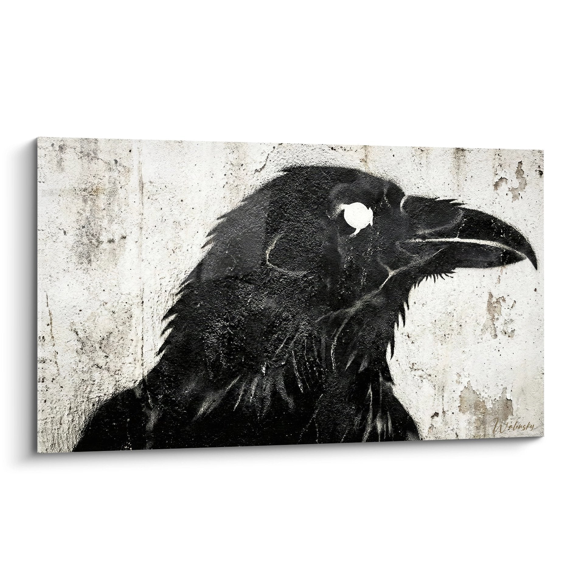 Tableau mural corbeau noir de profil sur fond béton usé style street art pochoir regard perçant