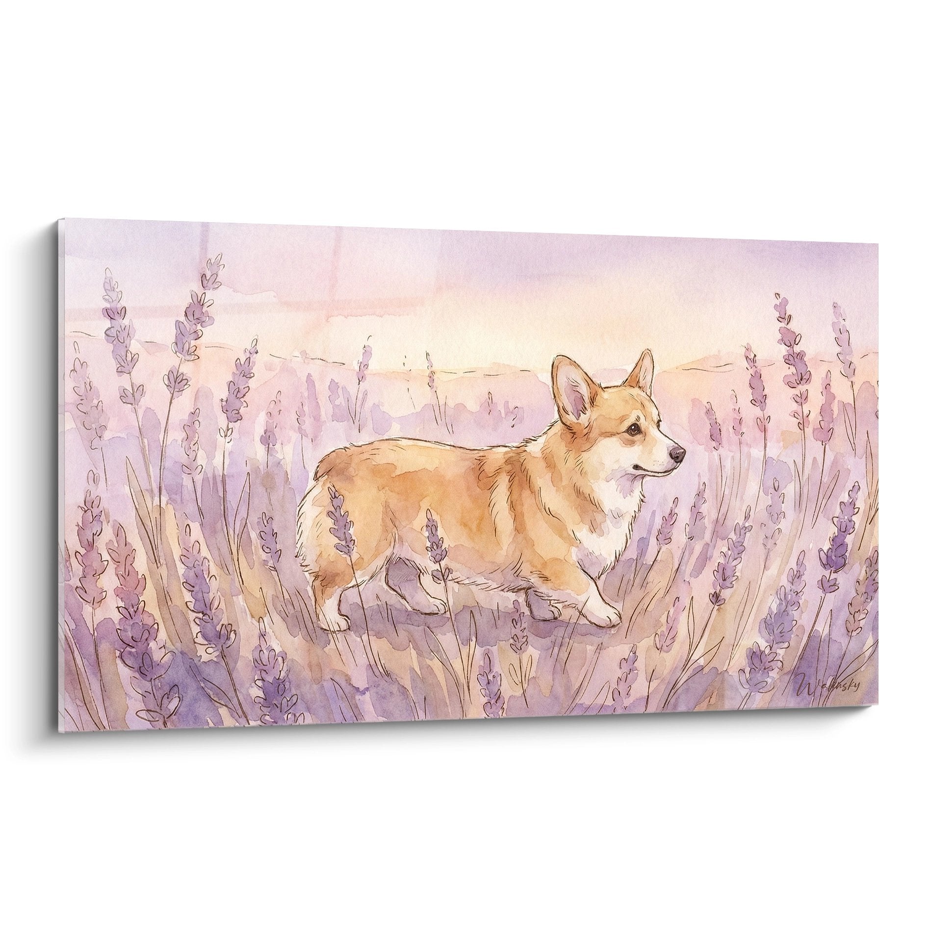 Aquarellgemälde Corgi Pembroke rot in violettem Lavendelfeld pastellrosa Töne
