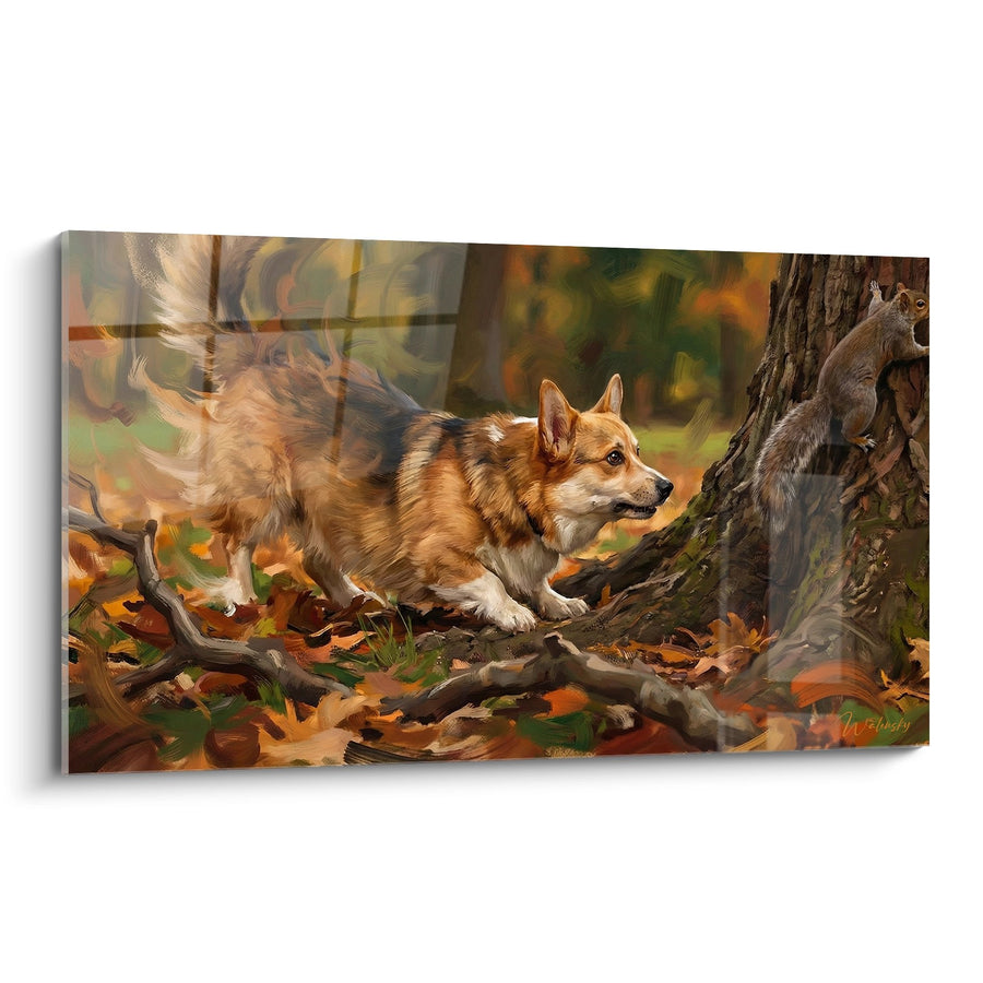 Tableau Corgi Roux en Mouvement dans Forêt Automnale - Course Joyeuse - Edition Corgi Pembroke