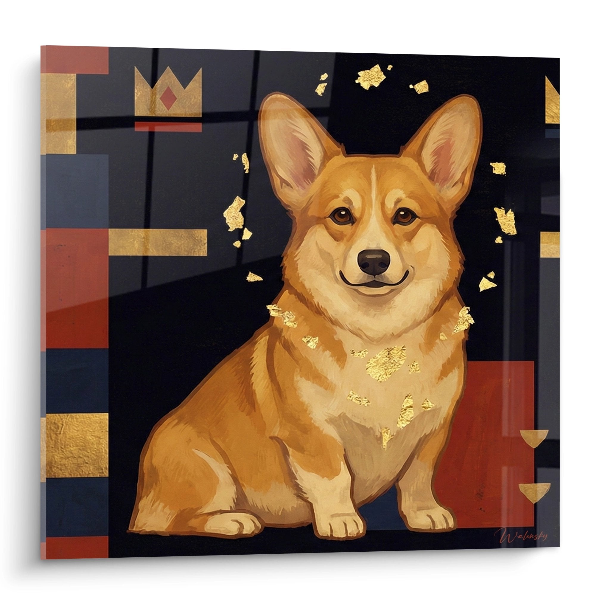 Tableau decoratif Corgi Pembroke dore sur fond geometrique noir rouge avec eclats or et couronne