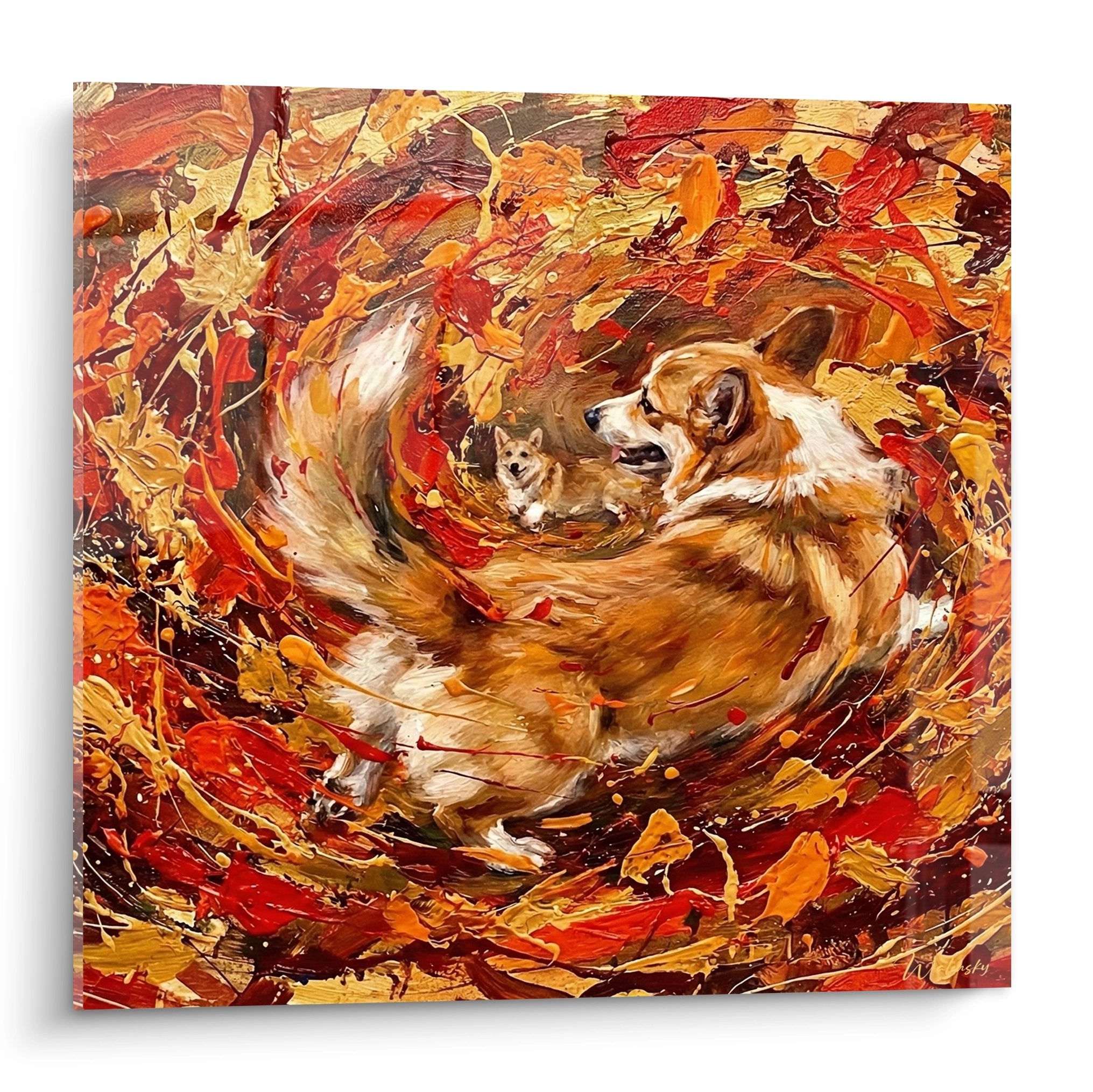 Tableau corgi pembroke protecteur avec chiot dans tourbillon feuilles automnales tons roux oranges