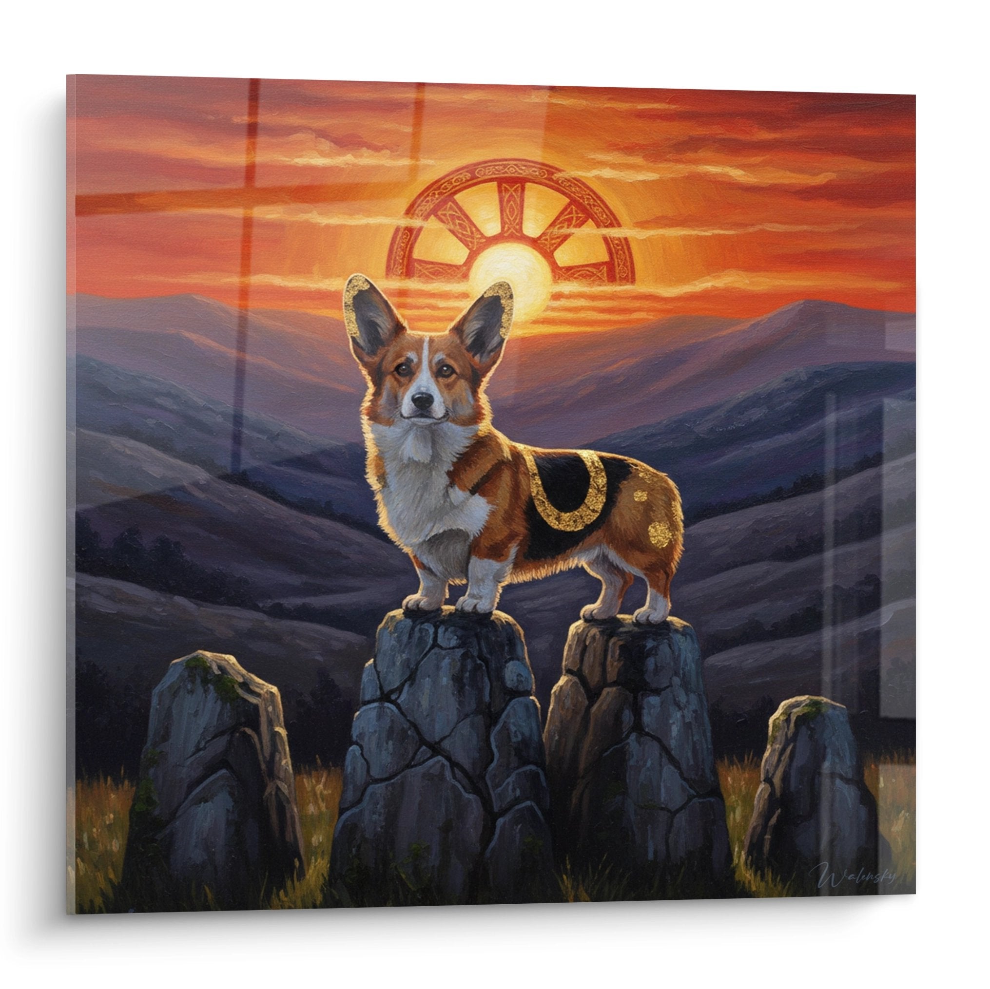 Corgi Pembroke mystique avec ornements dores sur rocher devant coucher soleil orange et symbole celtique lumineux