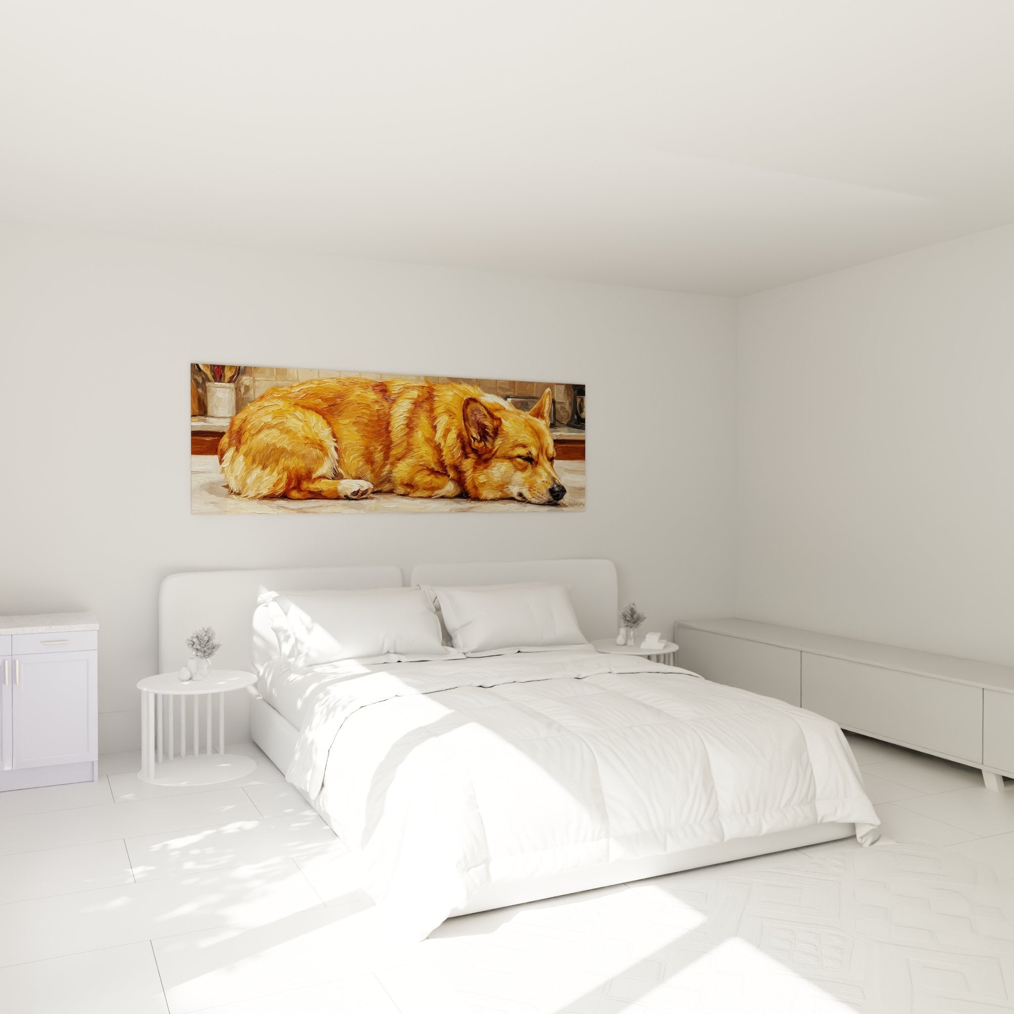 Tableau Corgi Pembroke roux paisible dans chambre moderne avec murs crème et mobilier bois naturel