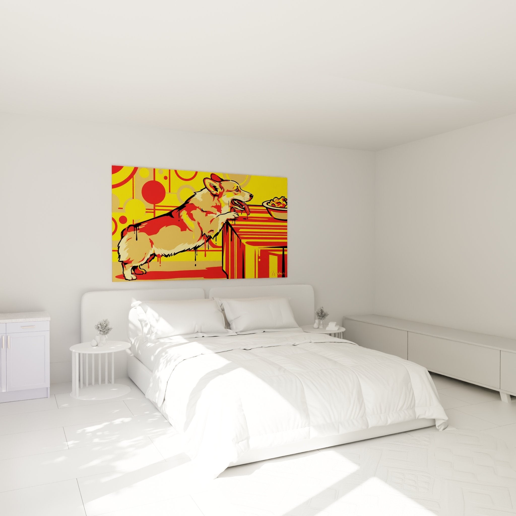 Corgi Pop-Art Gemälde in Gelbtönen, das ein modernes Schlafzimmer mit Bett und zeitgenössischen Möbeln dekoriert