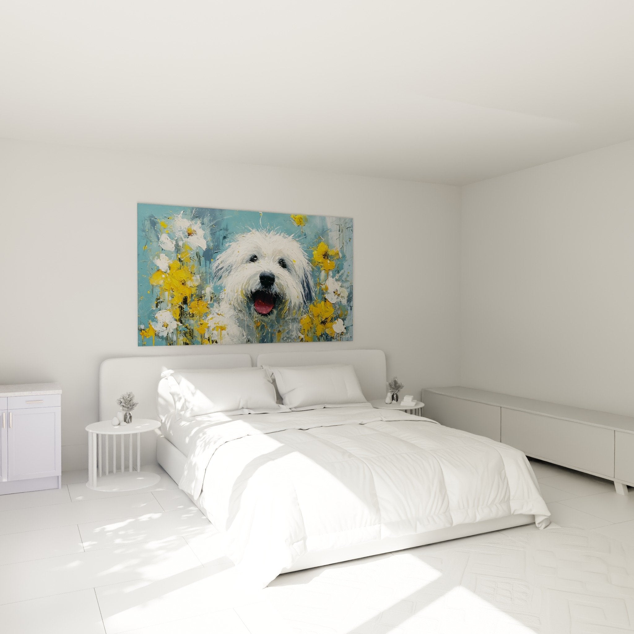 Tableau Coton de Tulear fleurs jaunes dans chambre moderne decoration murale art contemporain
