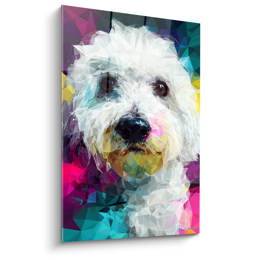 Schilderij van een Witte Hond met Geometrische Facetten - Kleurrijke Mozaïek - Editie Coton de Tuléar